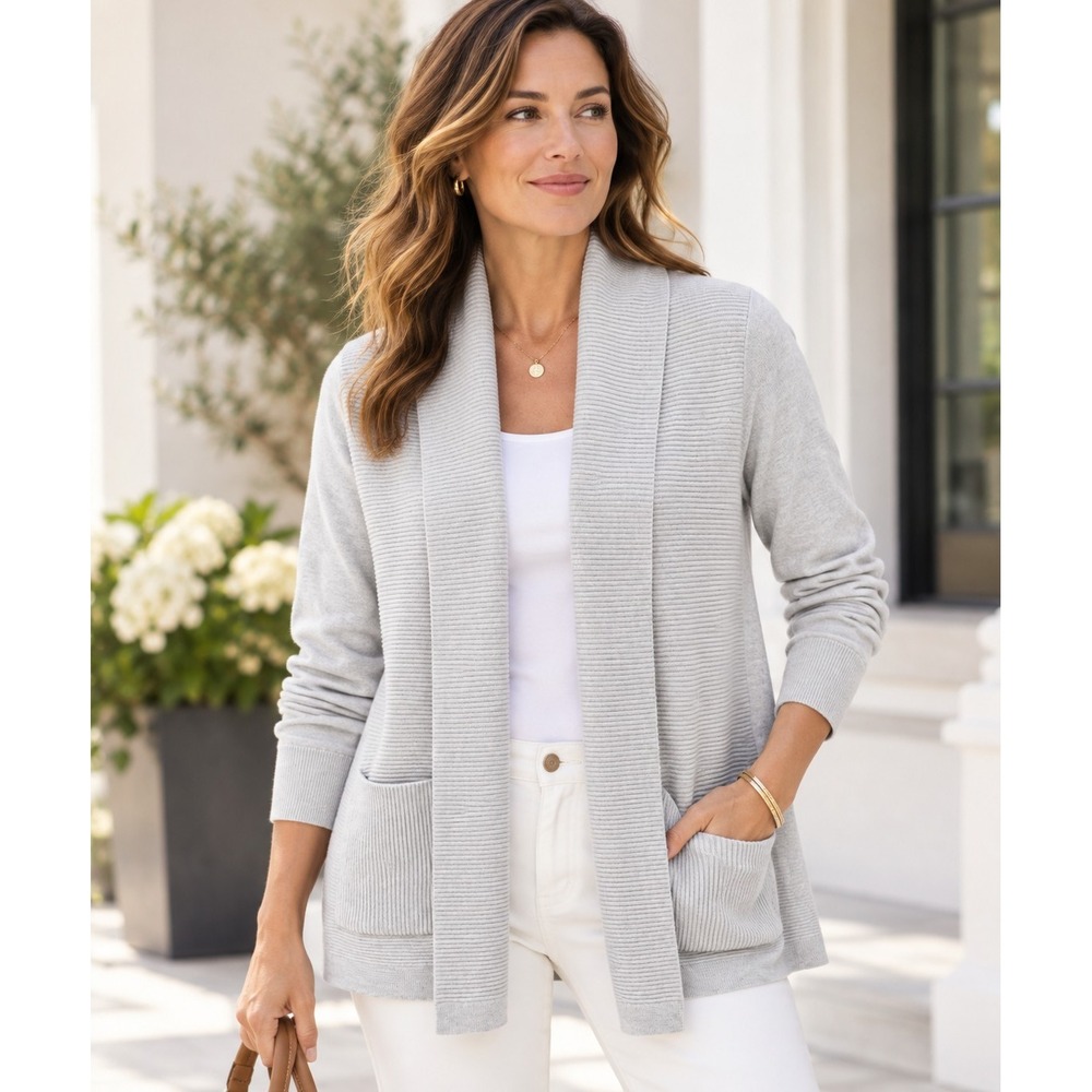 Ann Taylor Medium Light Gray Ribbed Open Cardigan Cotton Neutral Cozy Layer